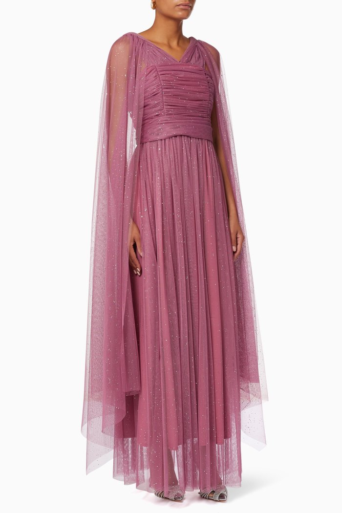 

Ruched Cape Dress in Shimmer Tulle, Pink