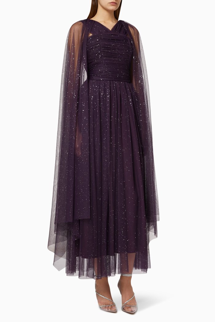 

Ruched Cape Dress in Shimmer Tulle, Purple