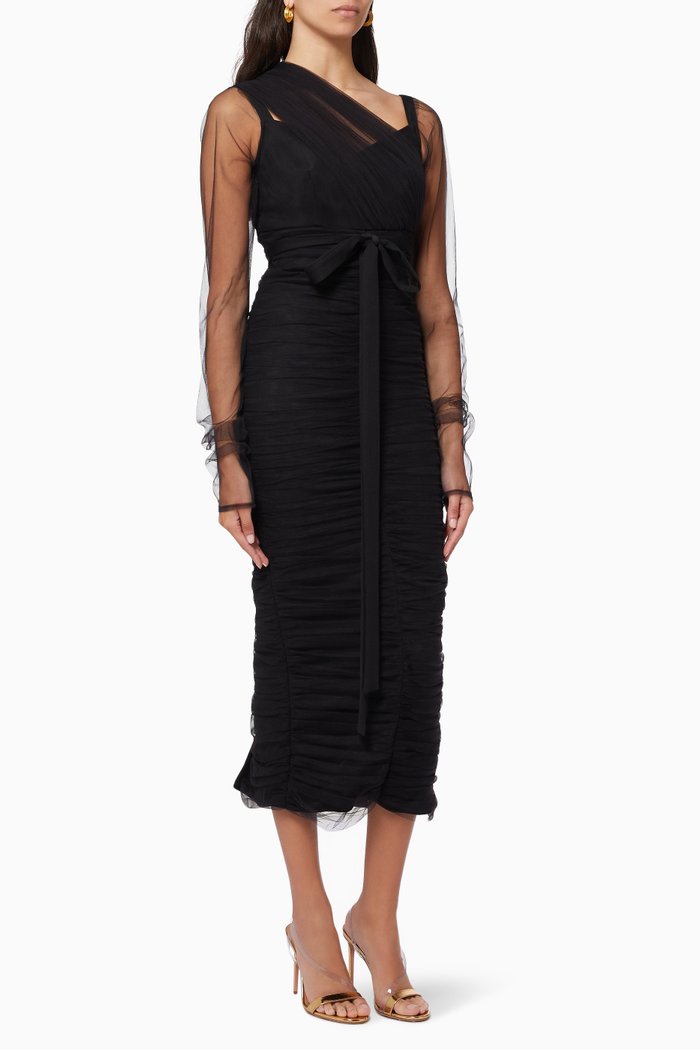 

Ruched Belted Dress in Tulle, Black