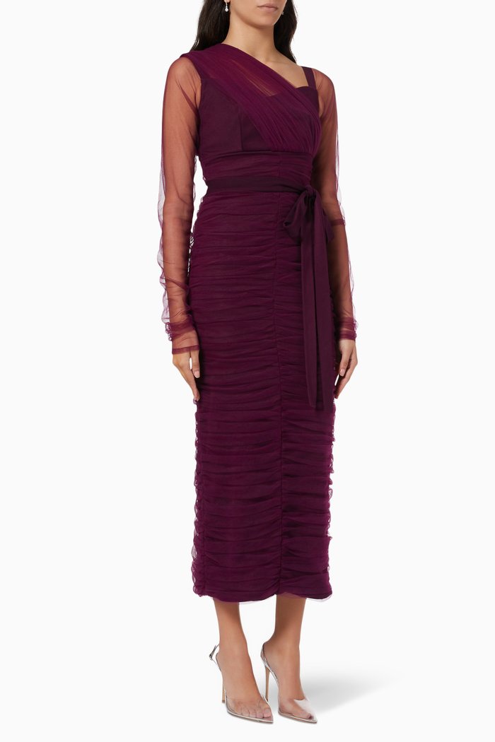 

Ruched Belted Dress in Tulle, Purple