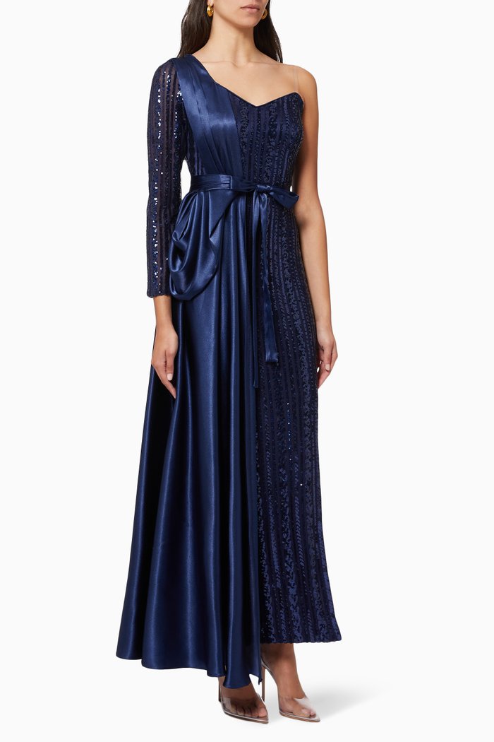 

Belted Dress in Sequinned Tulle & Satin, Blue