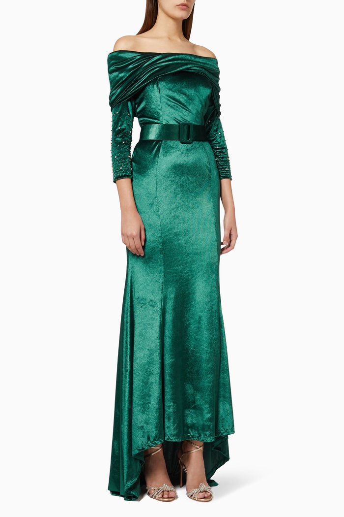 

Embellished Draped Dress in Velvet, Green