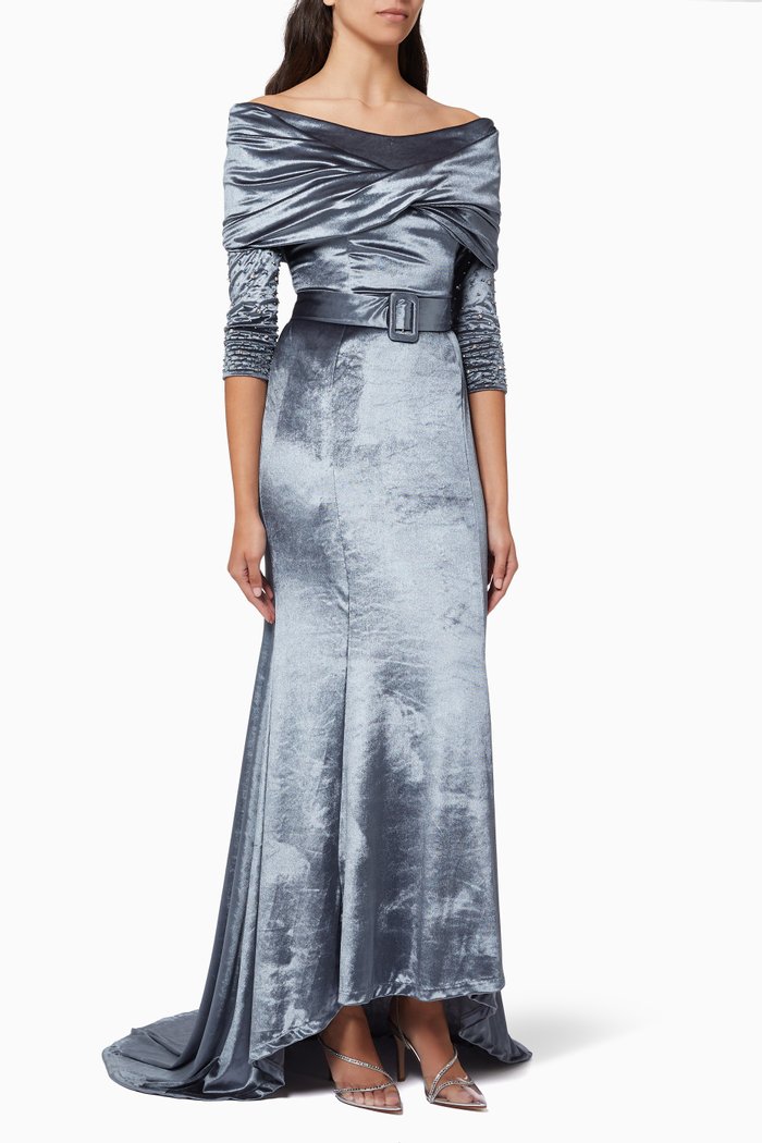 

Embellished Draped Dress in Velvet, Grey