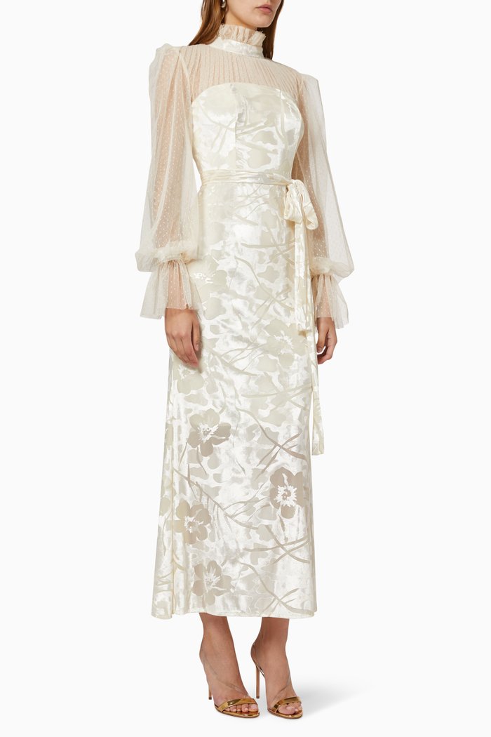 

Belted Dress in Velvet & Dotted Tulle, Neutral