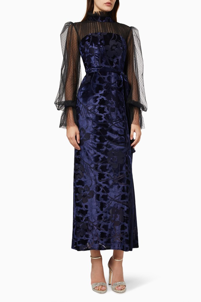 

Belted Dress in Velvet & Dotted Tulle, Blue