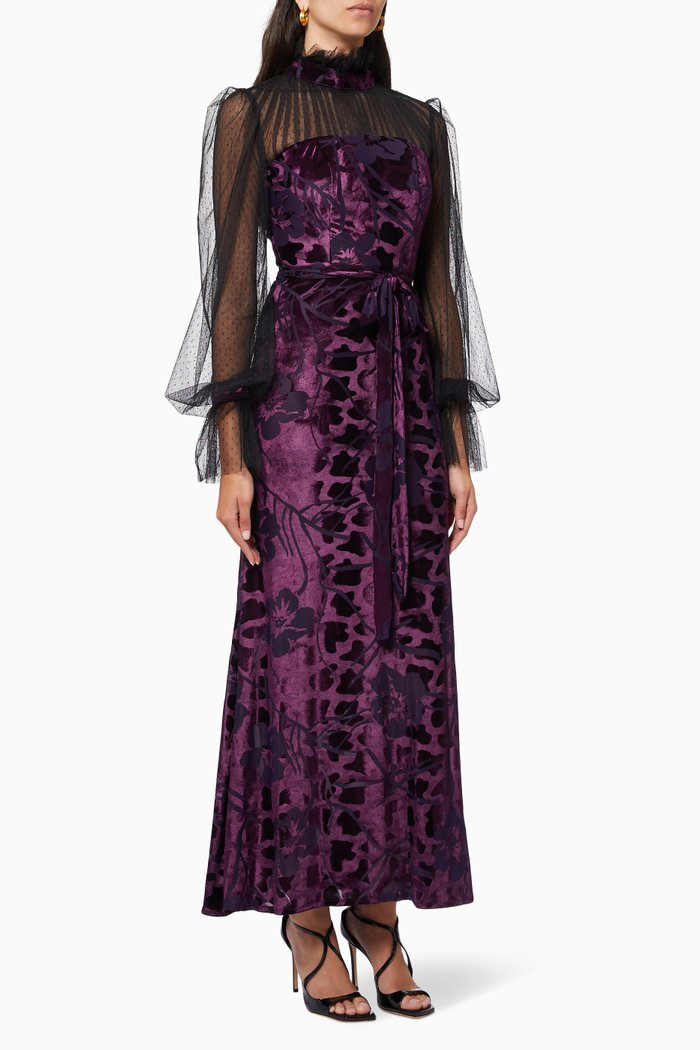 

Belted Dress in Velvet & Dotted Tulle, Purple