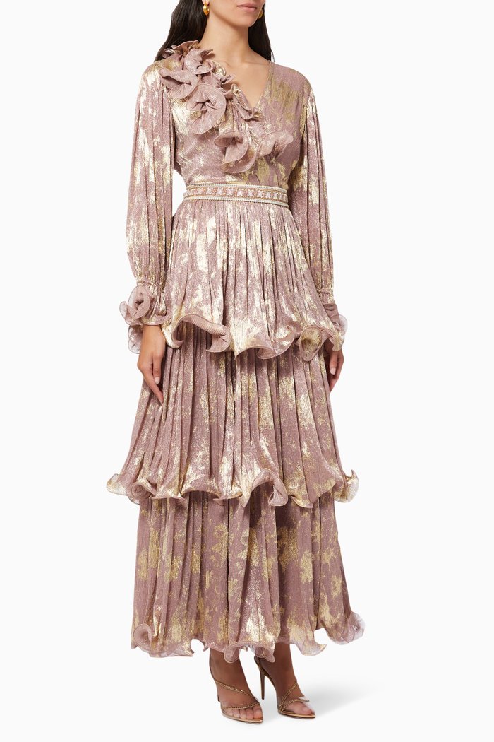 

Crinkled Tiered Dress in Shimmer Foil, Pink