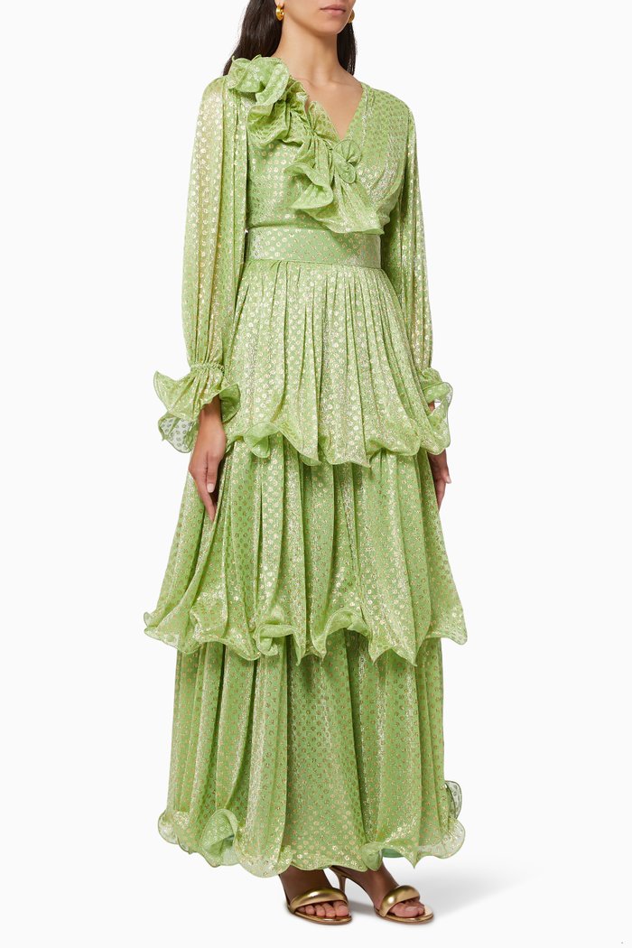 

Crinkled Tiered Dress in Shimmer Foil, Green