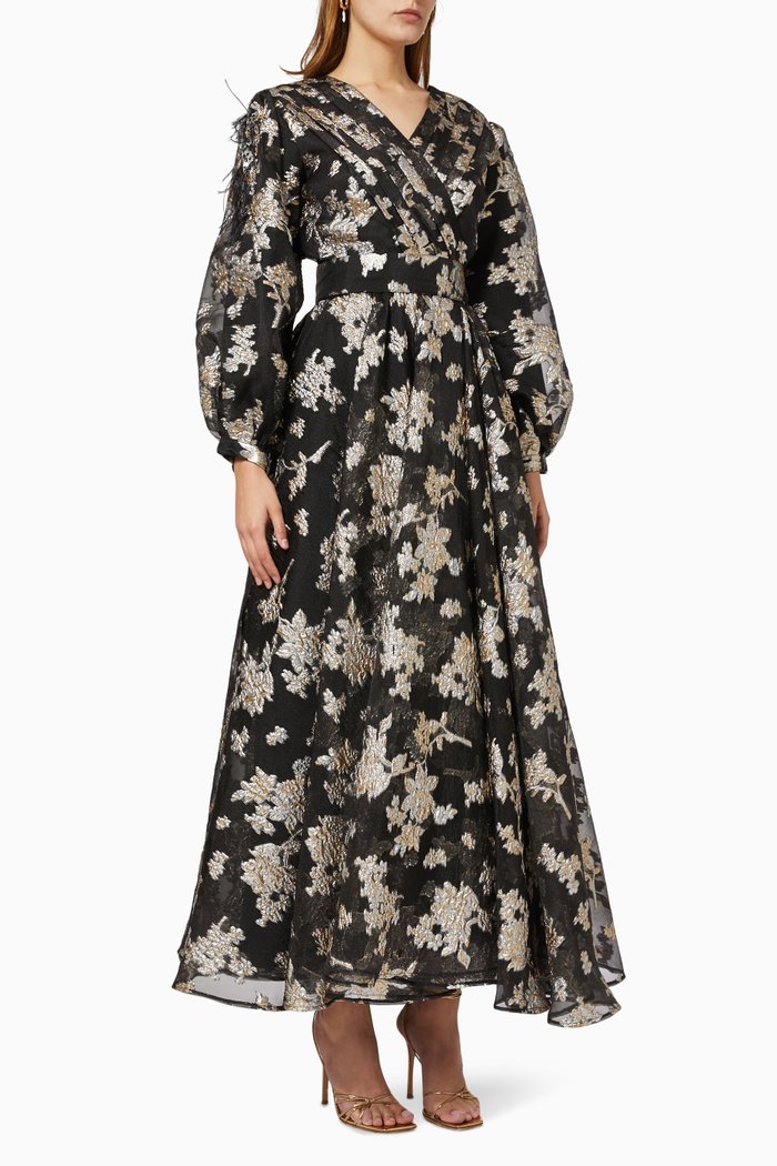 

Embellished Belted Dress in Turkish Brocade, Black