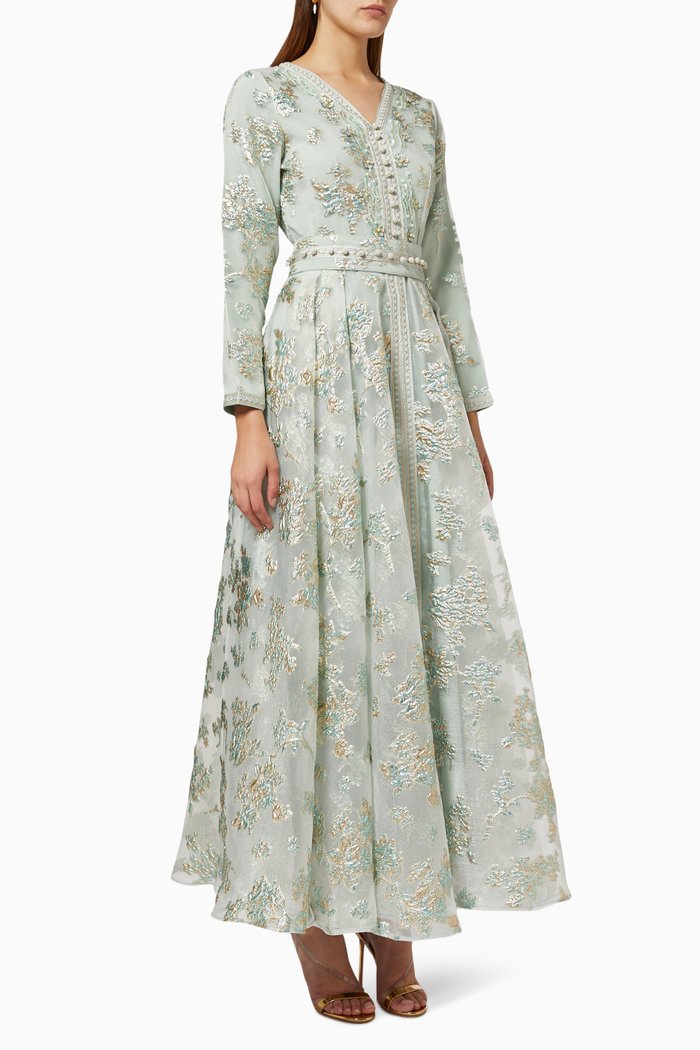 

Belted Dress in Turkish Brocade, Blue