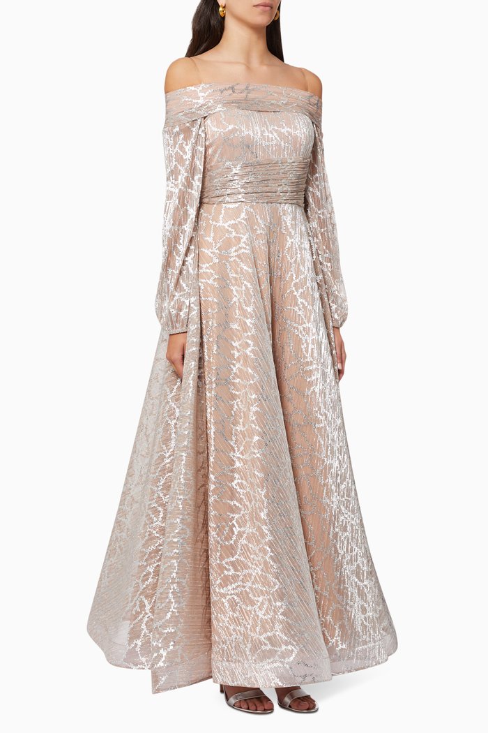 

Off Shoulder Dress in Shimmer Tulle, Gold