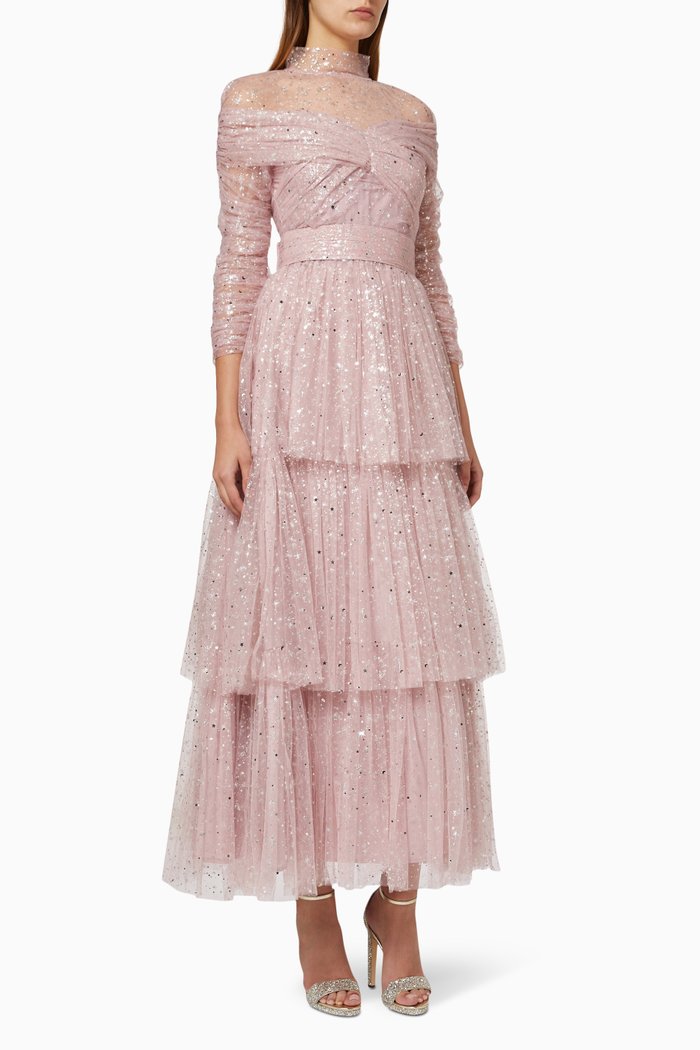 

Tiered Dress in Embellished Tulle, Pink