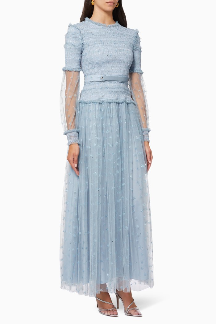 

Long Sleeve Dress in Embellished Tulle, Blue