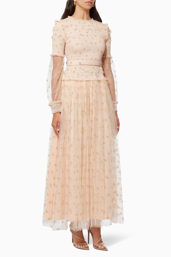 

Long Sleeve Dress in Embellished Tulle, Pink
