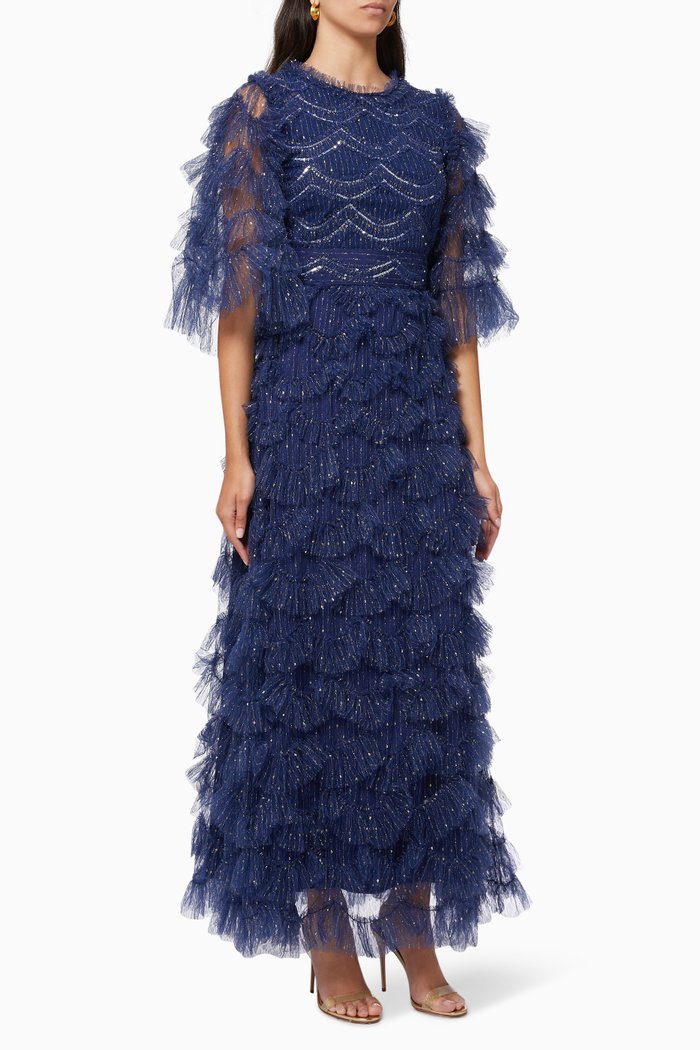 

Ruffle Dress in Embellished Tulle, Blue
