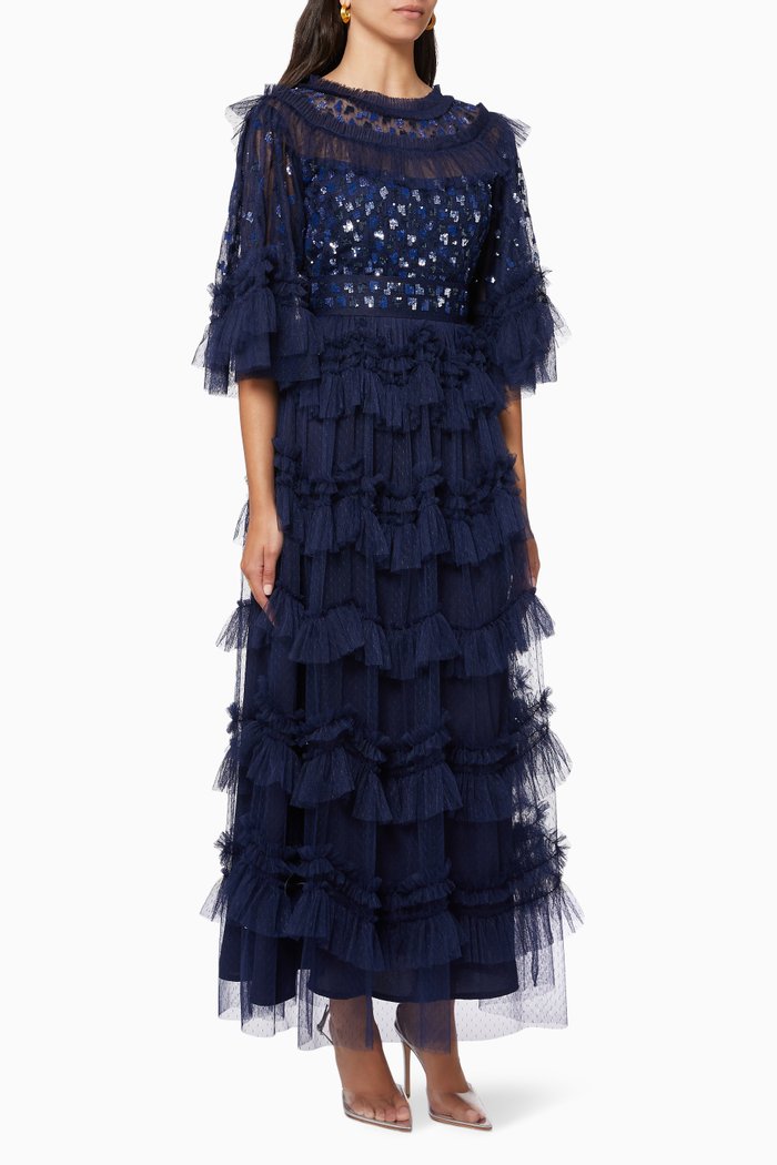 

Tiered Dress in Embellished Tulle, Blue