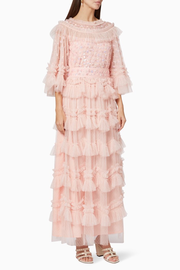Tiered Dress in Embellished Tulle, Pink