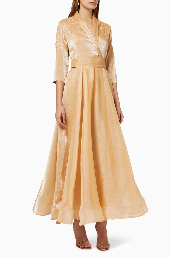 Embellished Wrap Dress in Shimmer Organza, Gold