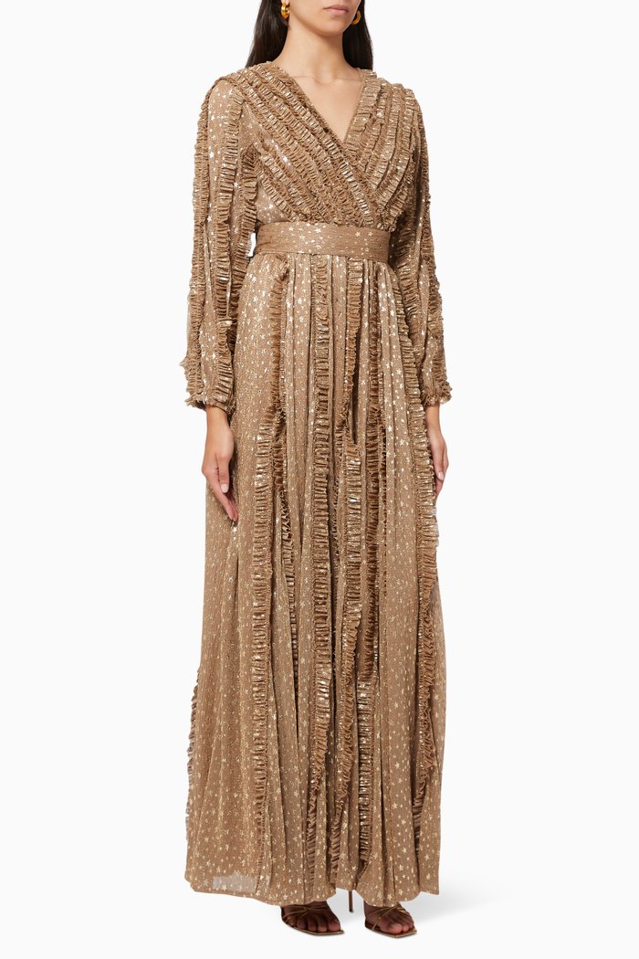 

Ruffle Shimmer Dress in Bronze Sequins, Metallic