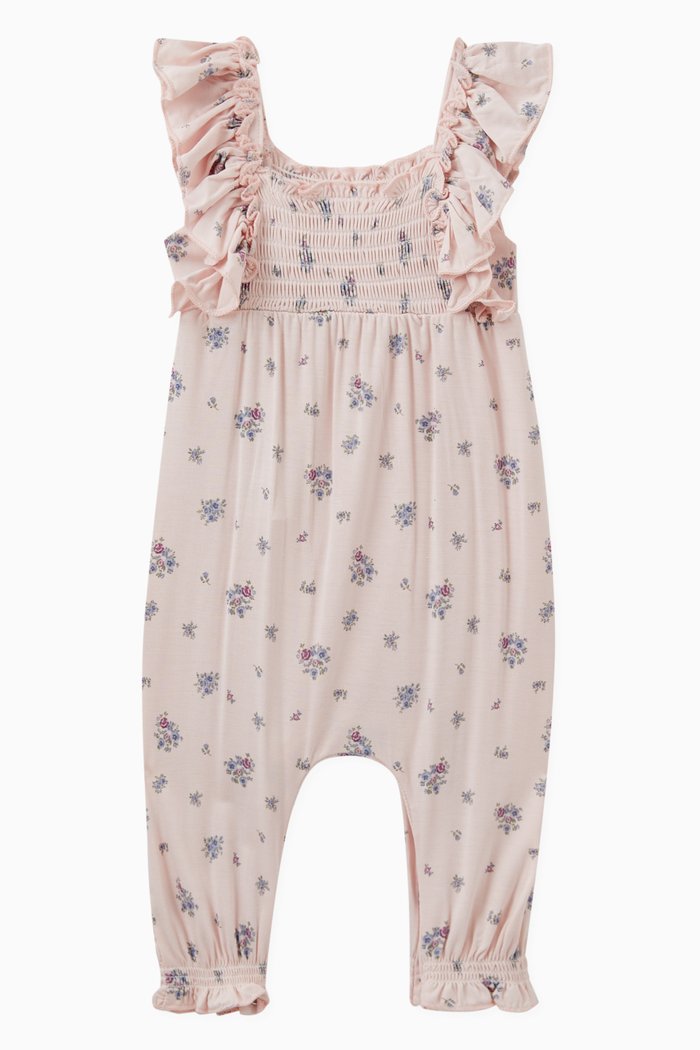 

Ruched Flower Print Coverall in Cotton, Pink