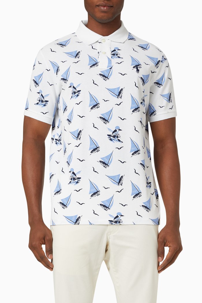 Polo Bear Print Shirt in Cotton Mesh, White