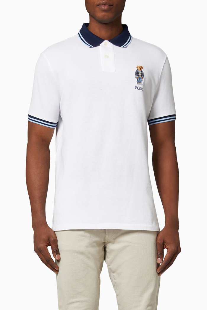

Custom Slim Fit Bear Polo Shirt in Cotton Mesh, White