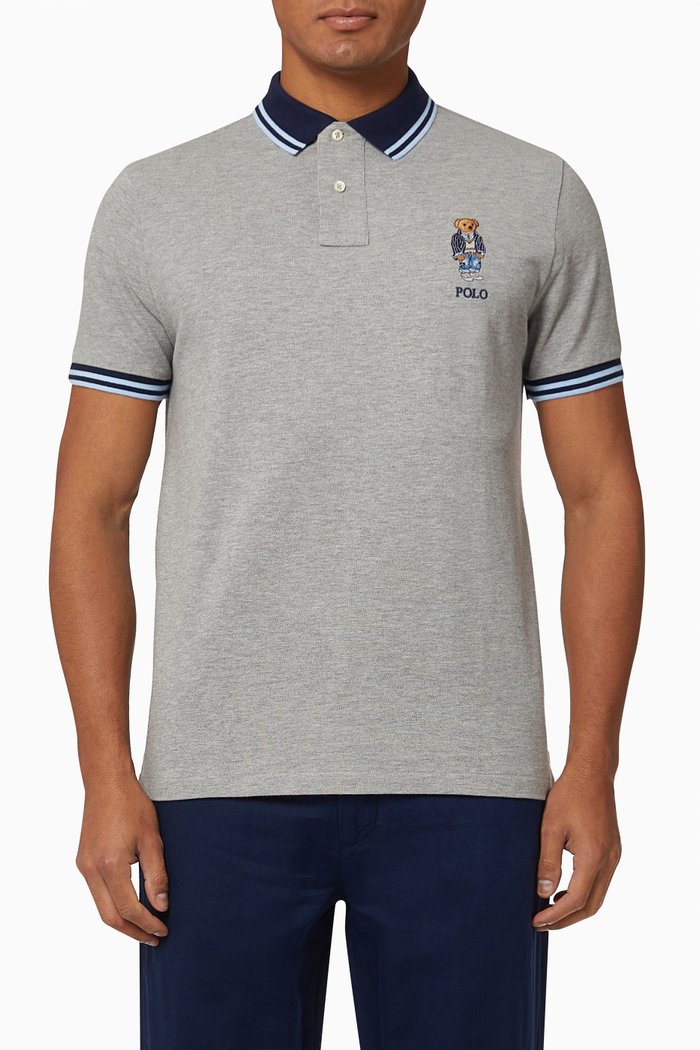 

Custom Slim Fit Bear Polo Shirt in Cotton Mesh, Grey