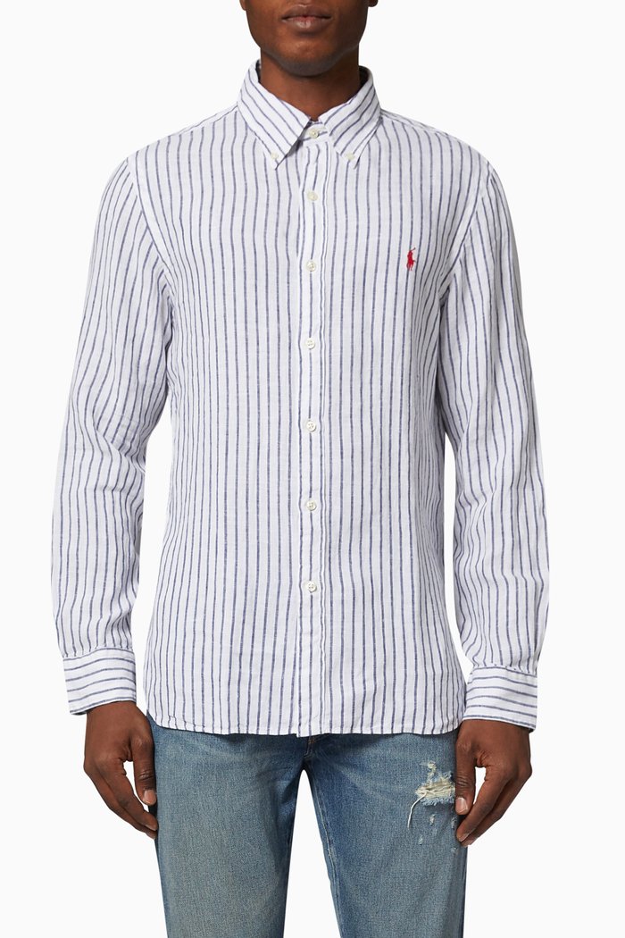

Slim Fit Striped Shirt in Linen, White