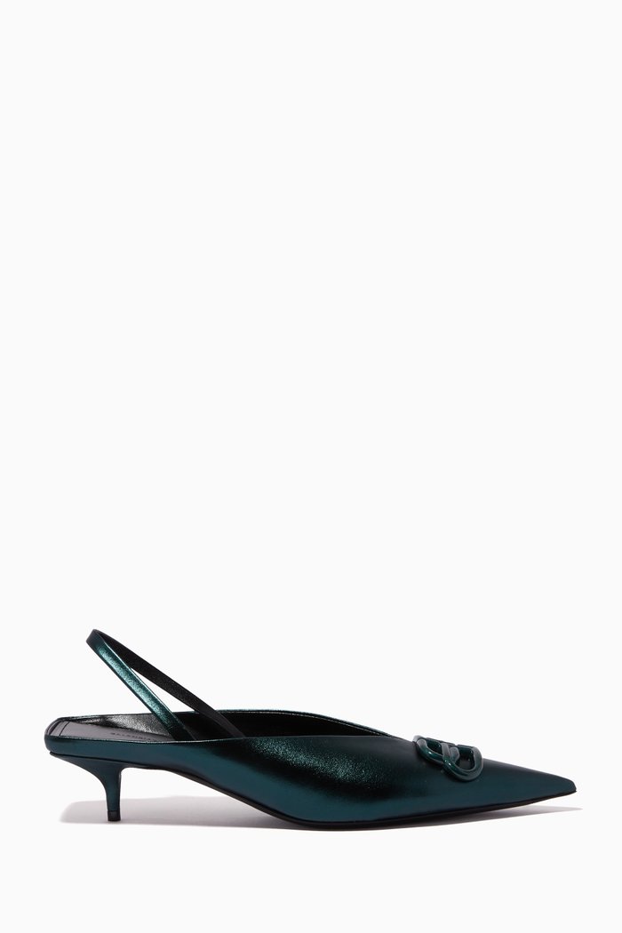 

BB Square Knife Slingback Mules in Metallic Leather, Green
