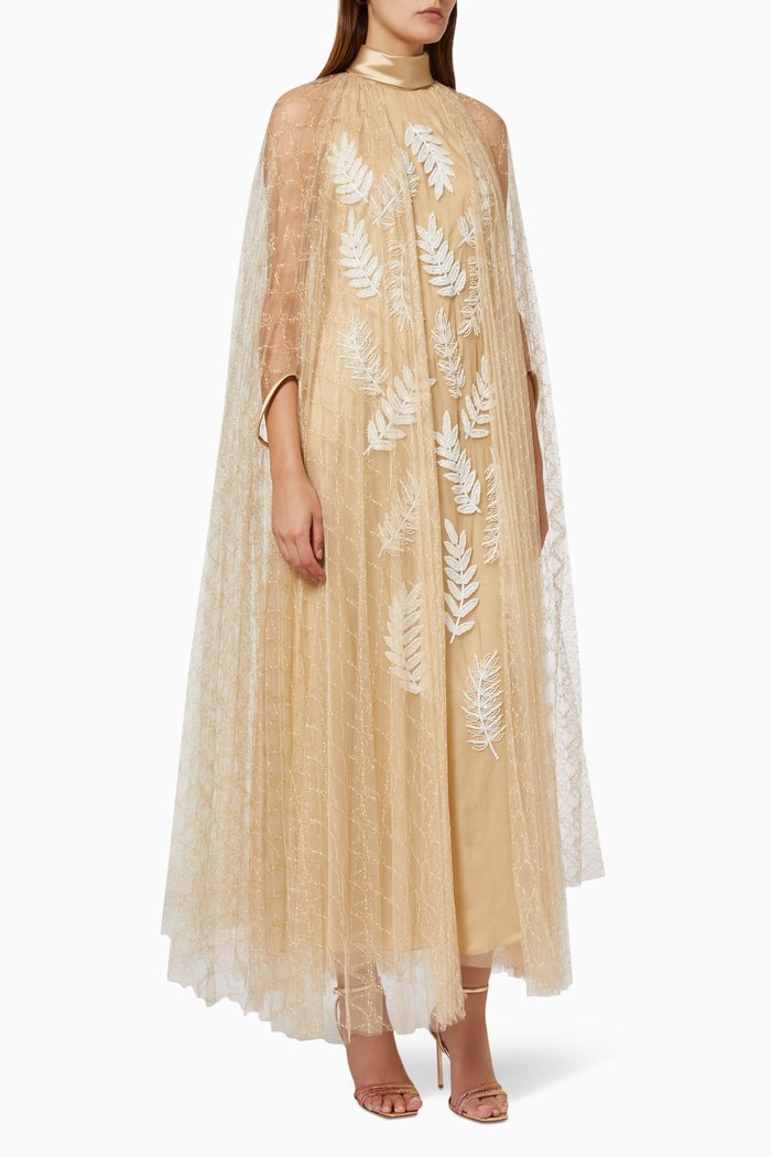

Sequin Embellished Cape Dress in Tulle, Gold