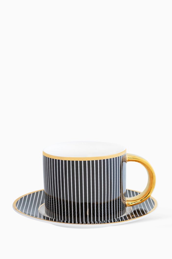 

Pinstripe Teacup & Saucer Set in Vegan Bone China, Black