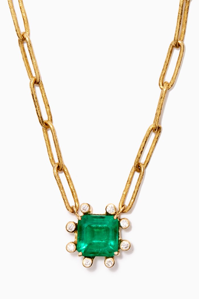 Chain Link Emerald & Diamond Necklace in 18kt Yellow Gold