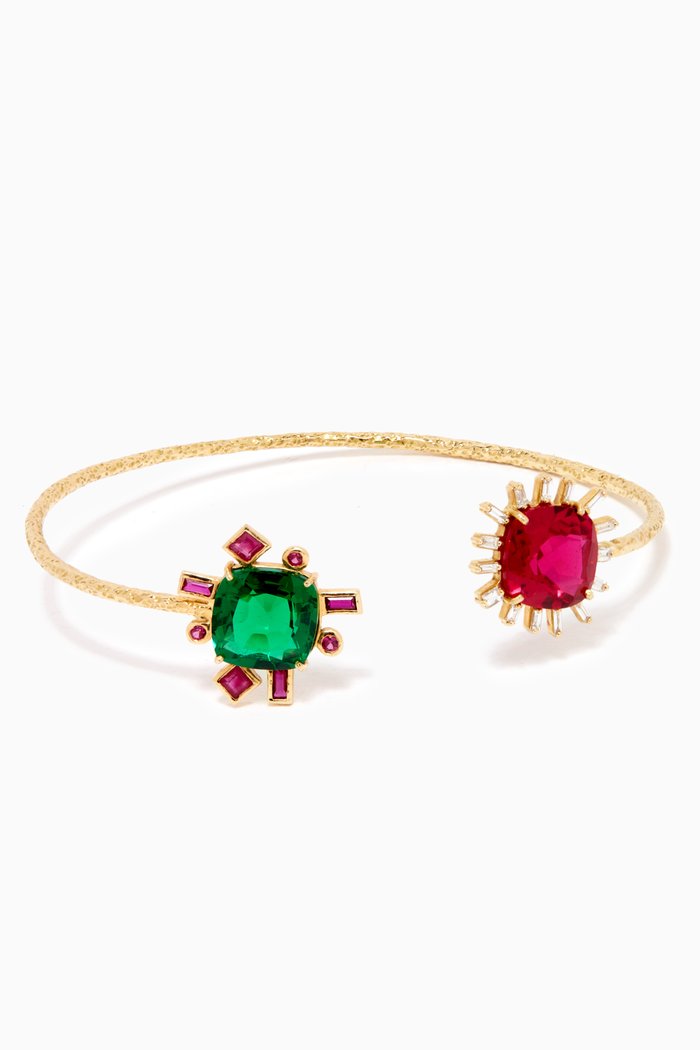 

Emerald & Ruby Open Bangle with Diamonds in 18kt Yellow Gold