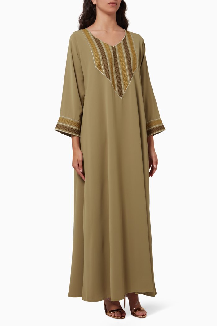 

Embroidered Kaftan in Crepe, Green