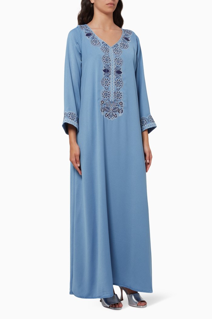 

Embroidered Kaftan in Crepe, Blue