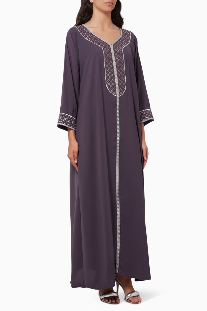 Embroidered Kaftan in Crepe, Purple