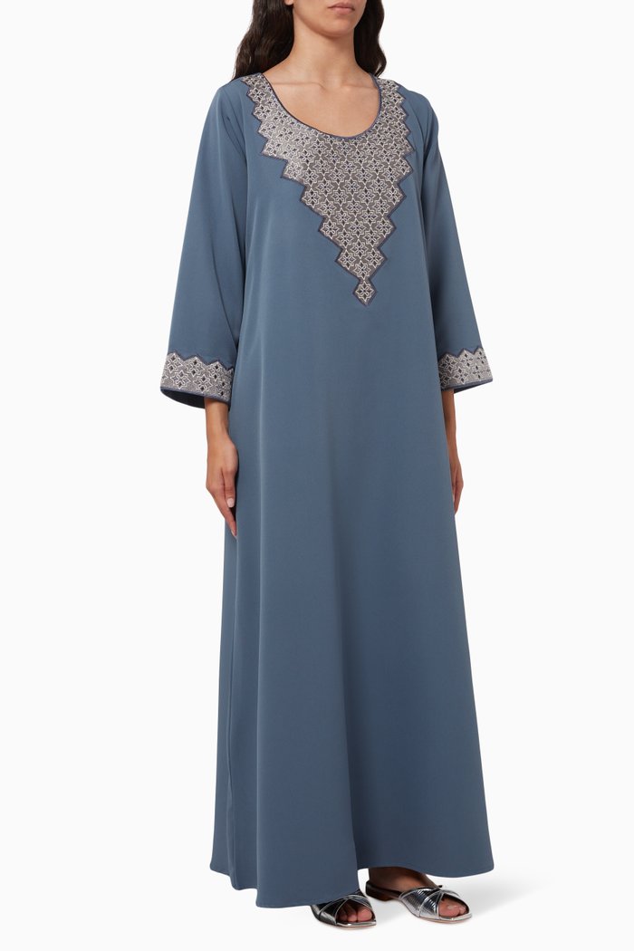 

Embroidered Kaftan in Crepe, Blue
