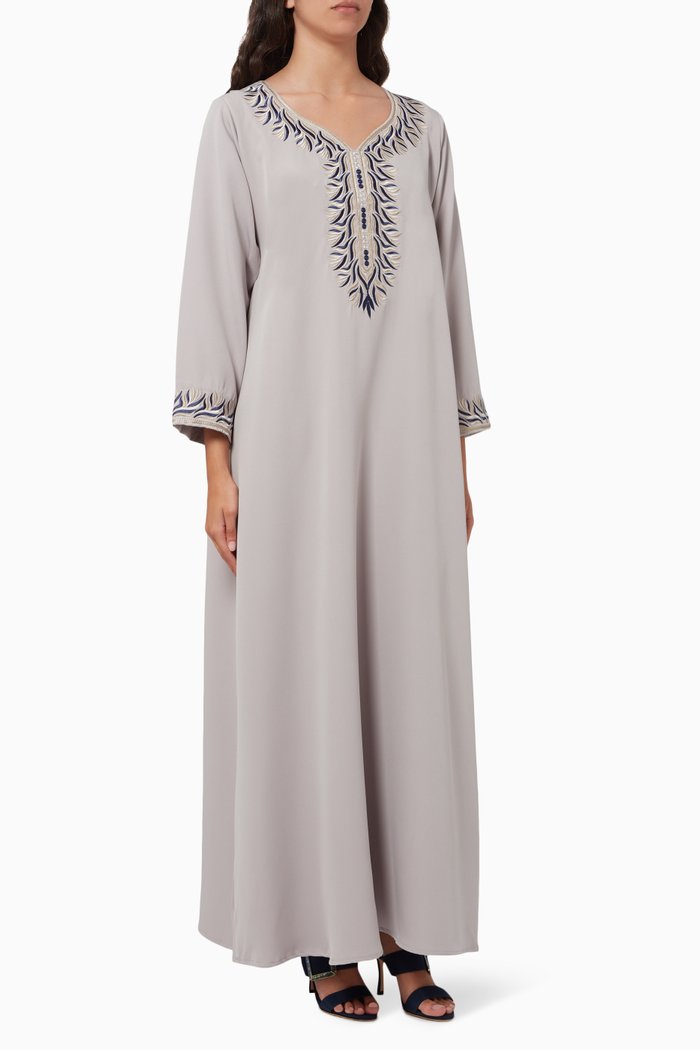 Embroidered Kaftan in Crepe, Grey