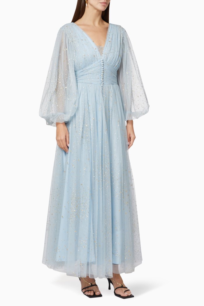 Long Sleeve Dress in Shimmer Tulle, Blue