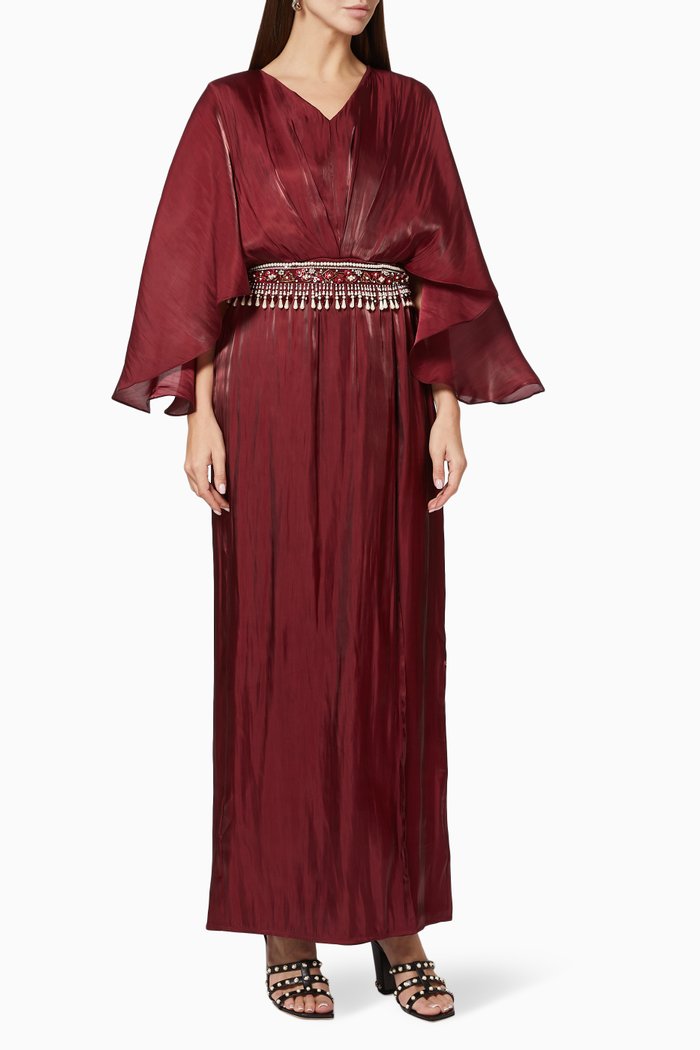 

Bead Embellished Belted Dress, Red