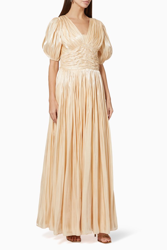 

Puff Sleeve Dress in Embellished Satin, Neutral