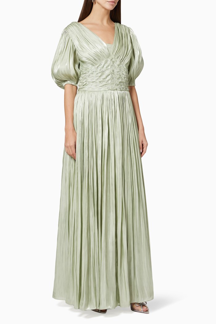 

Puff Sleeve Dress in Embellished Satin, Blue