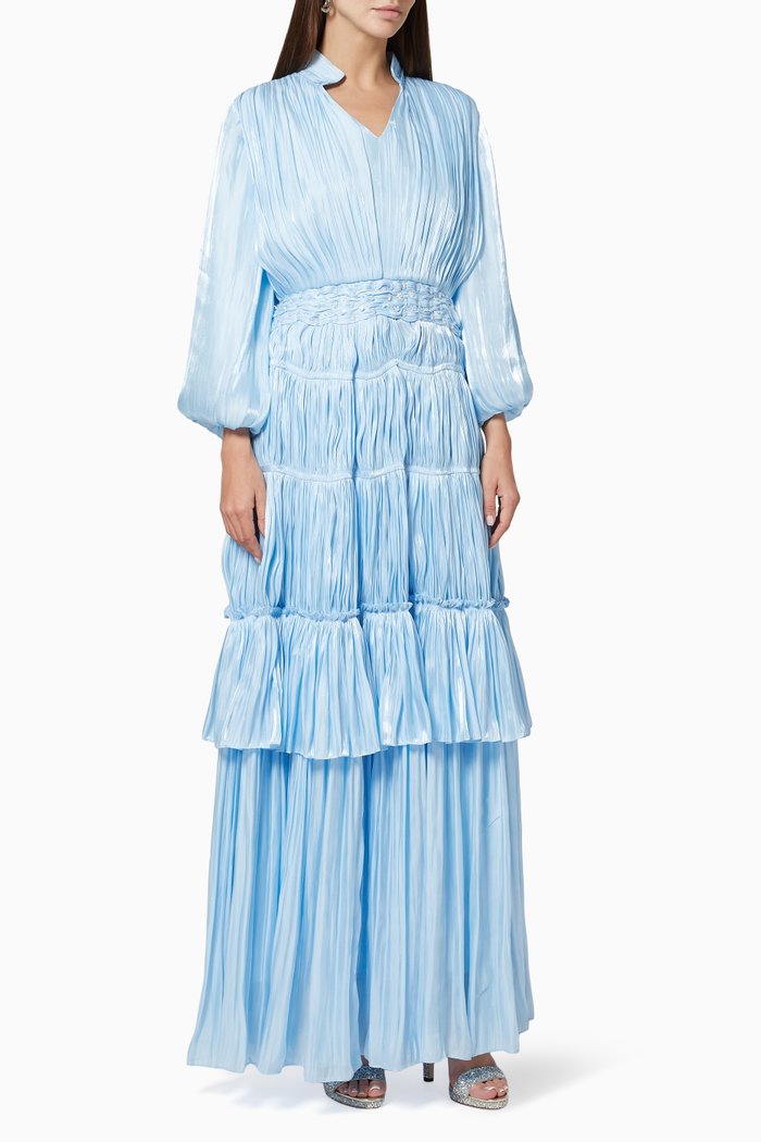 

Tiered Dress in Plisse Satin, Blue