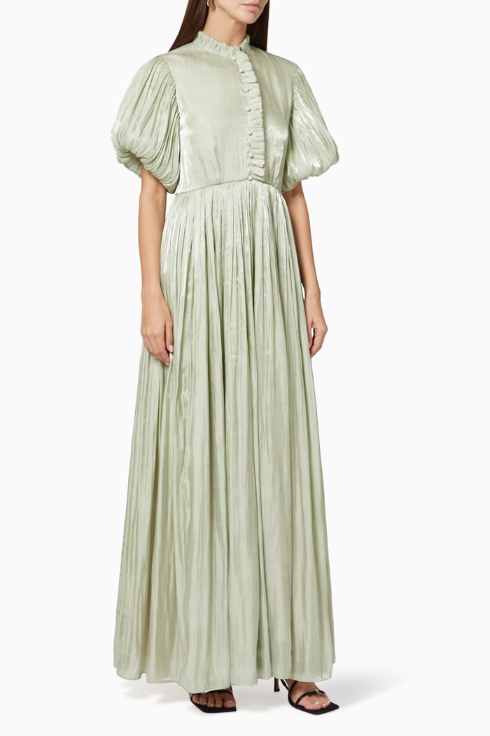 

Puff Sleeve Dress in Plisse Satin, Green