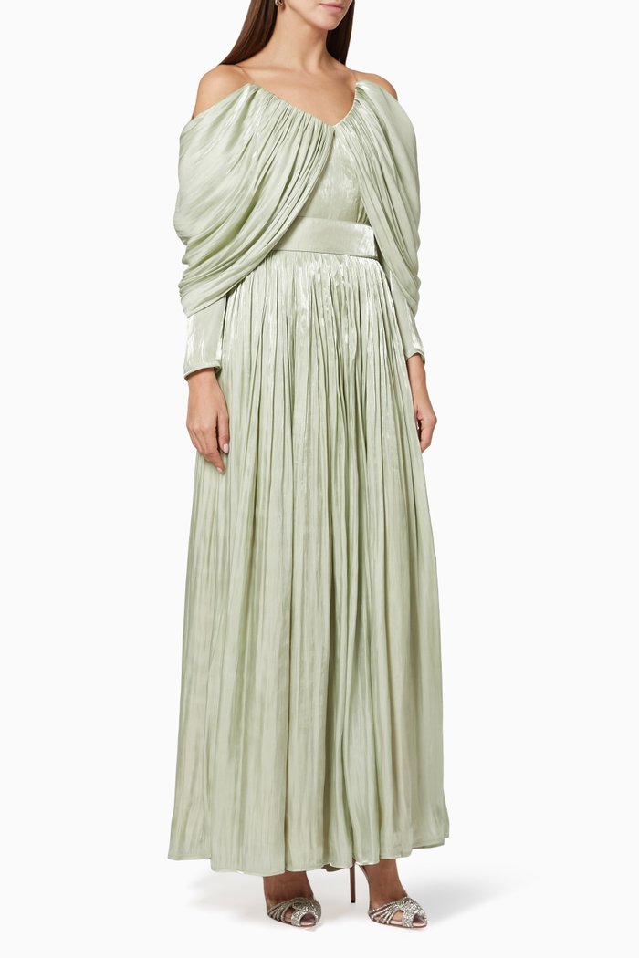 

Off Shoulder Draped Dress in Satin, Green