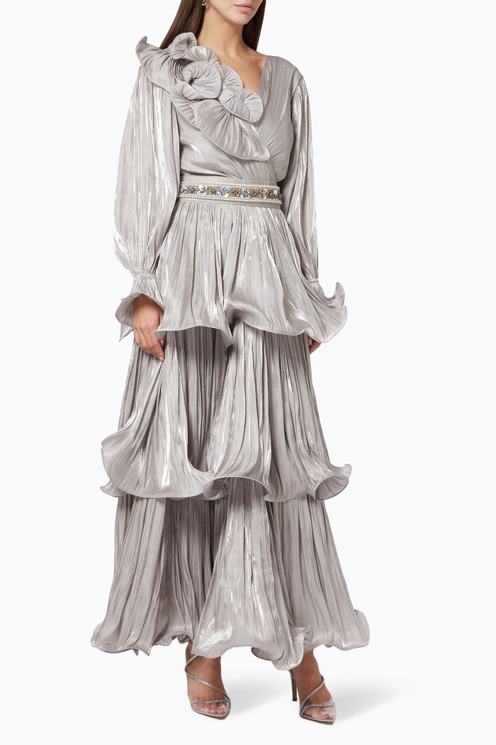 

Ruffle Tiered Dress in Satin, Grey