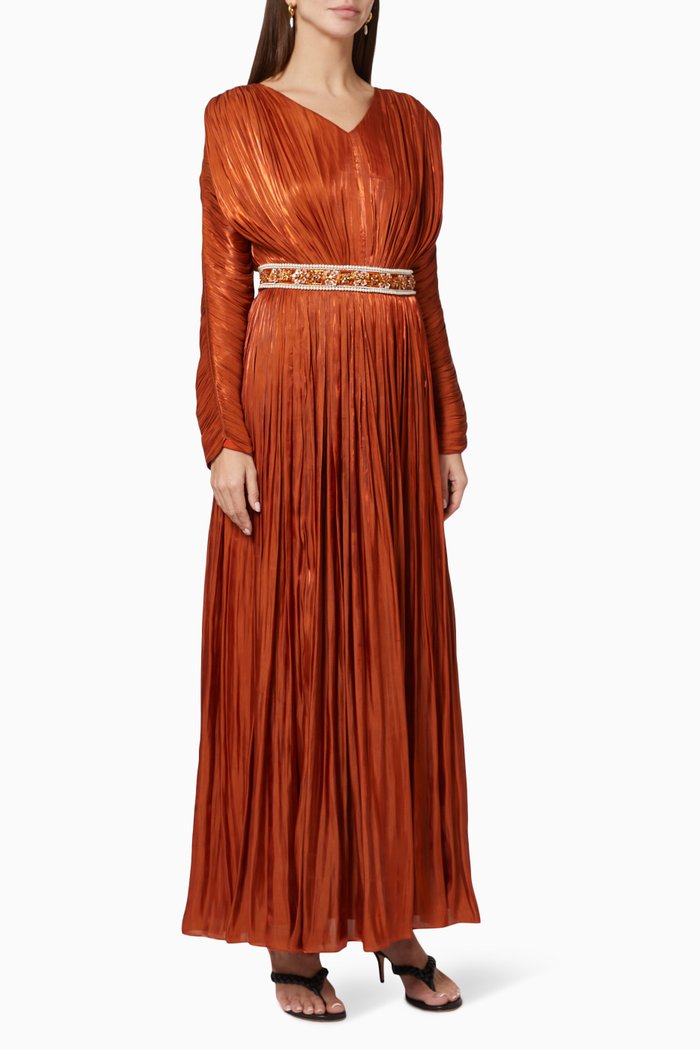 Long Sleeve Dress in Plisse Satin, Metallic