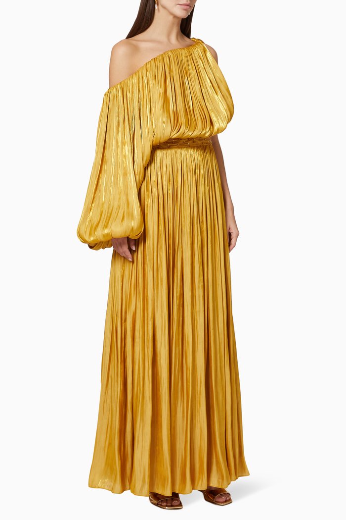 

One Shoulder Dress in Plisse Satin, Yellow