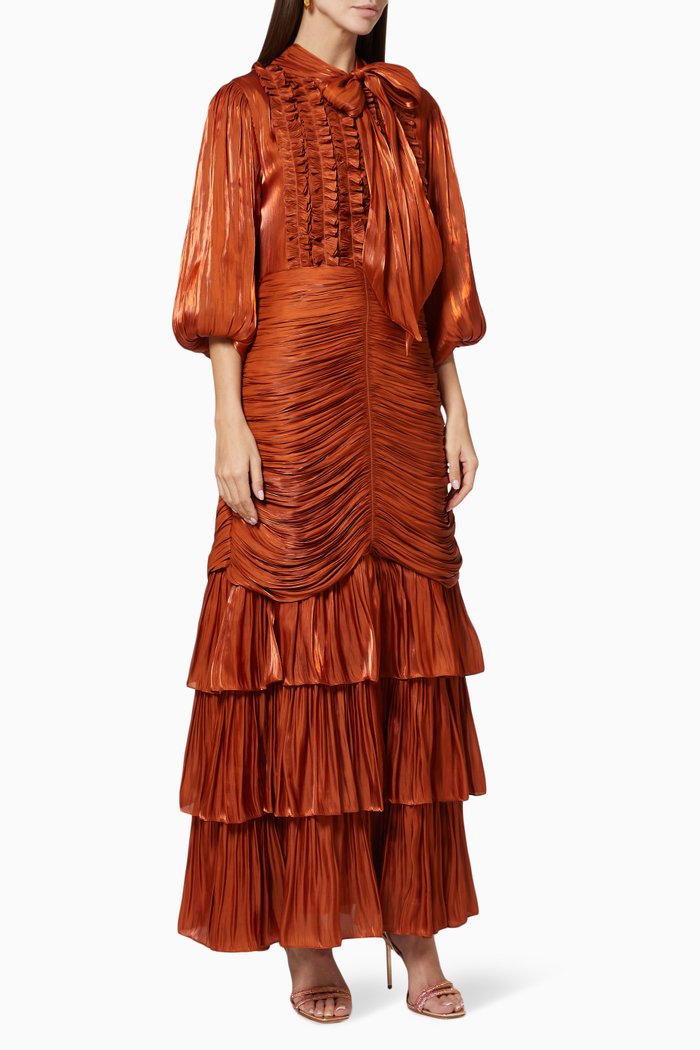 

Tiered Ruched Dress in Satin, Metallic