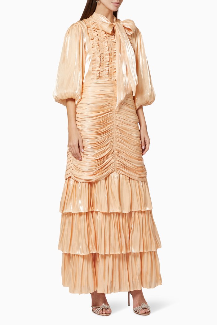 

Tiered Ruched Dress in Satin, Gold